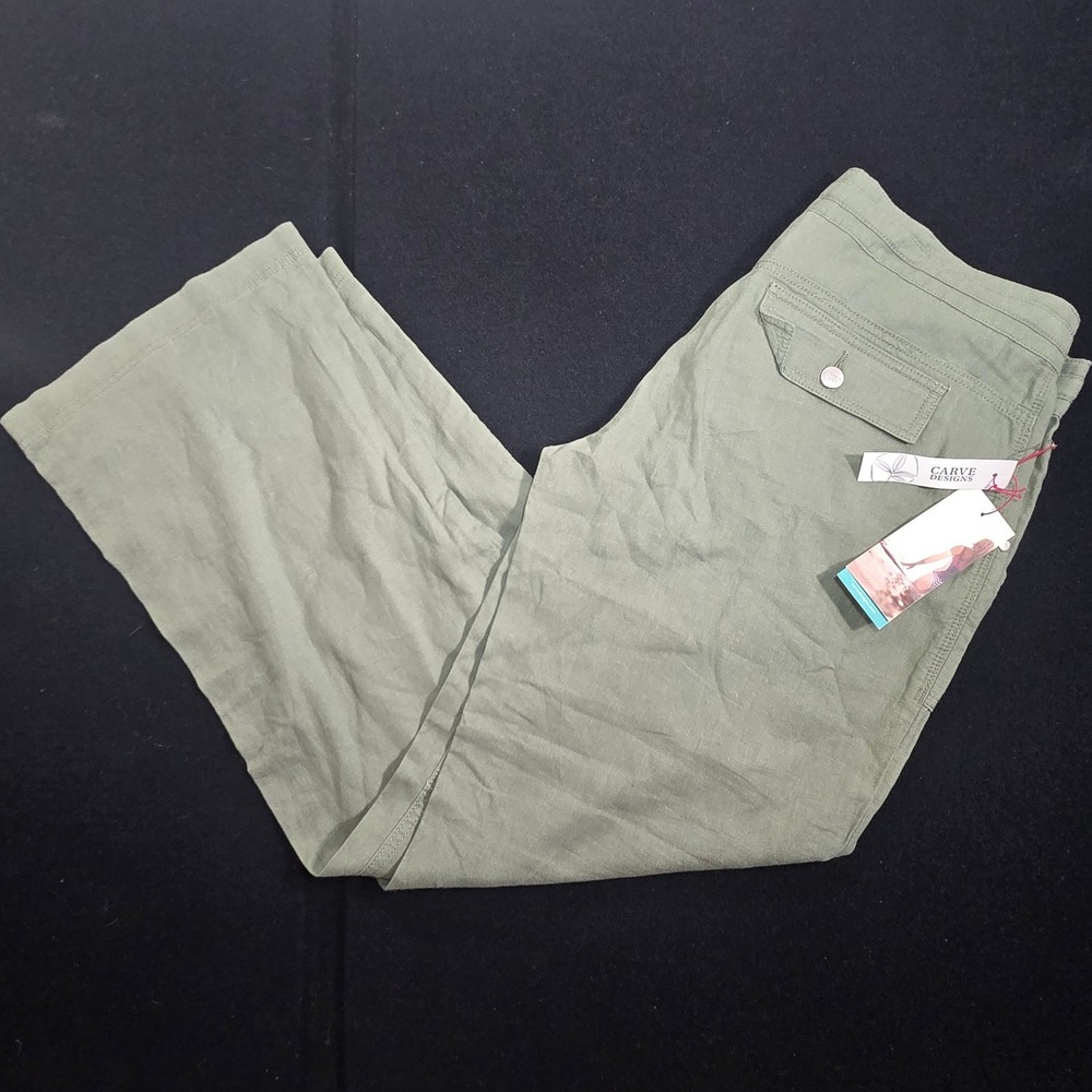Carve Designs Sanitas Pant Fatigue Green Linen Blend Wide Leg Trousers Sz 12 NWT